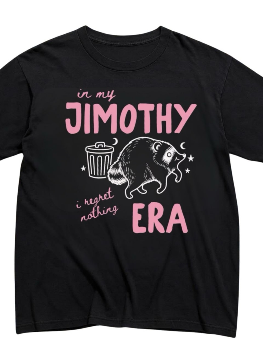Gildan Black Tee with Pink & White Jimothy Raccoon Graphic